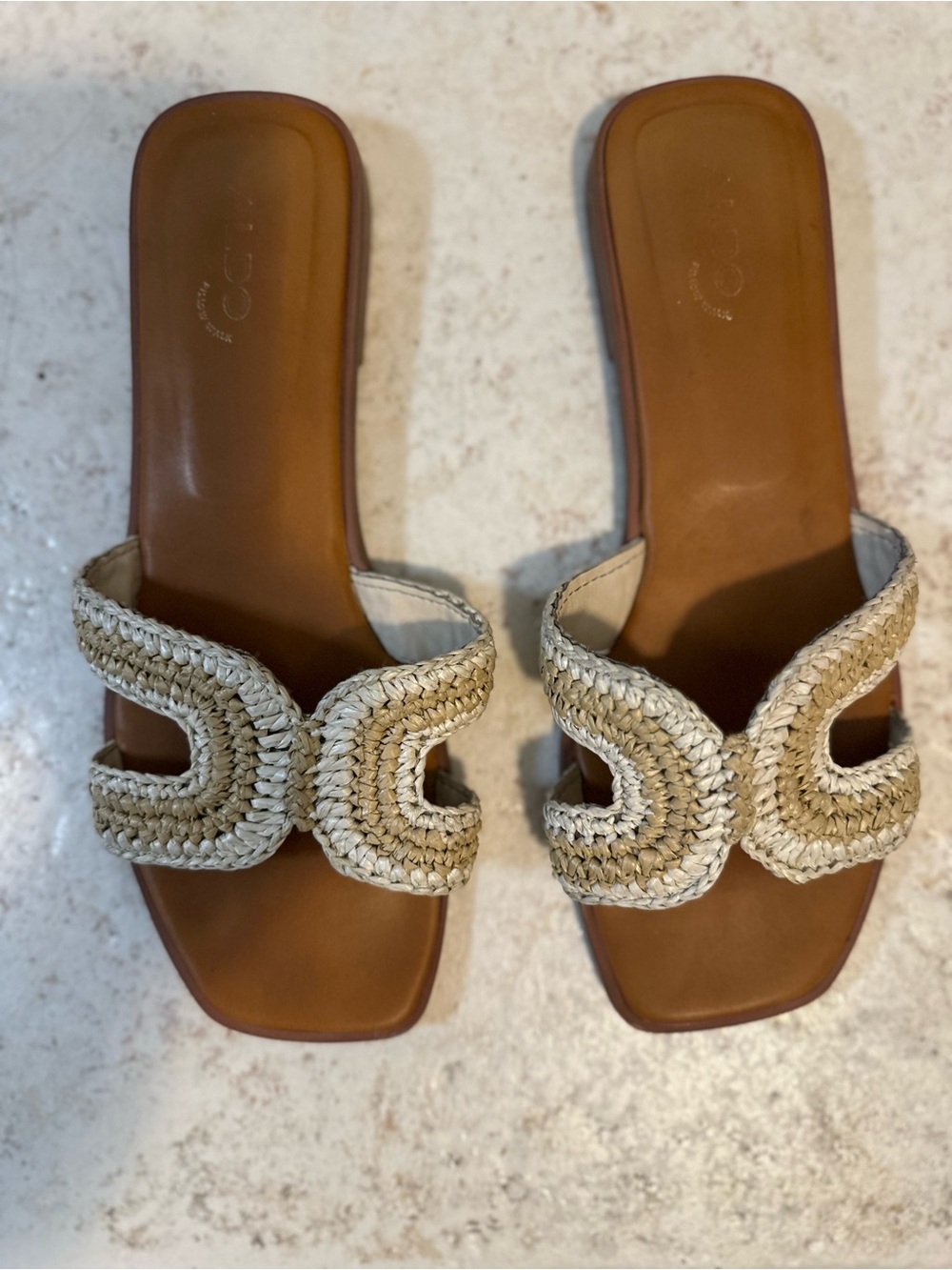 Aldo Tan Footbed Woven Cream Strap Slide Sandals
